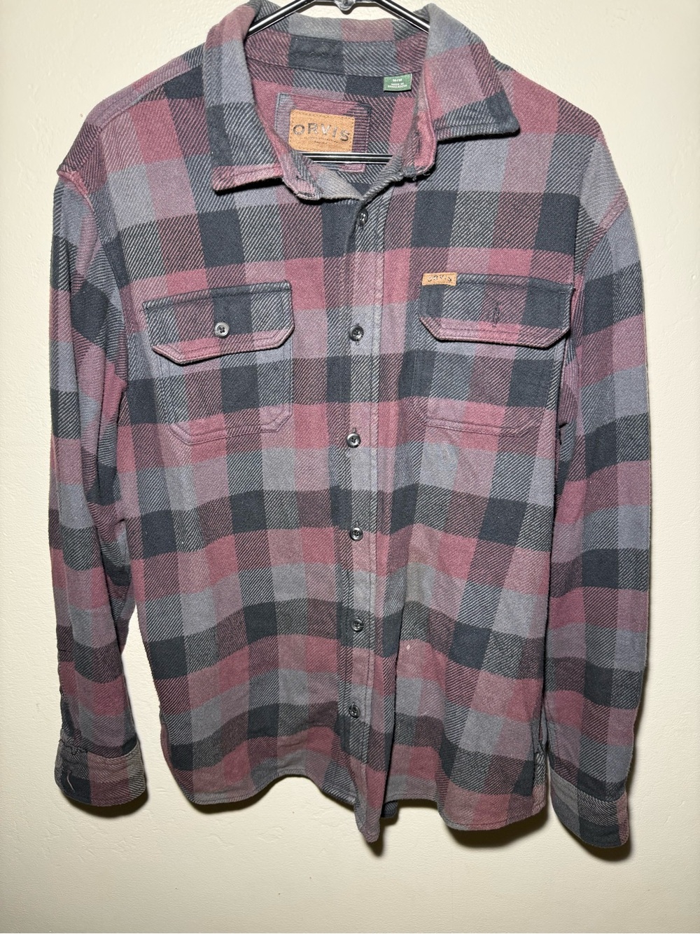 Orvis Burgundy and Gray Plaid Flannel Overshirt